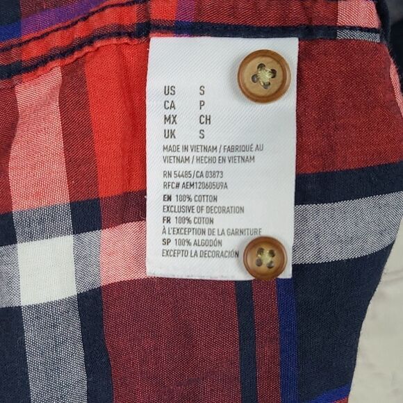 American Eagle Men Small Slim Fit Red Blue Plaid Button Down Short Sleeve Shirt - Picture 5 of 6